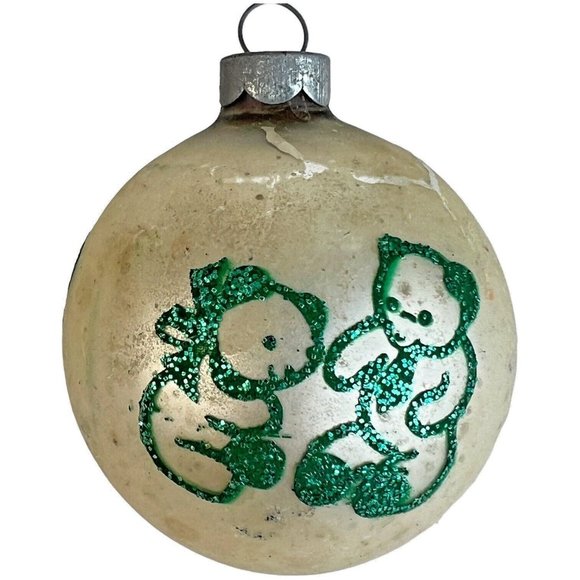 3 Vintage Shiny Brite Christmas Ornaments Teddy Bear Stencil Glitter Green White - Picture 2 of 12